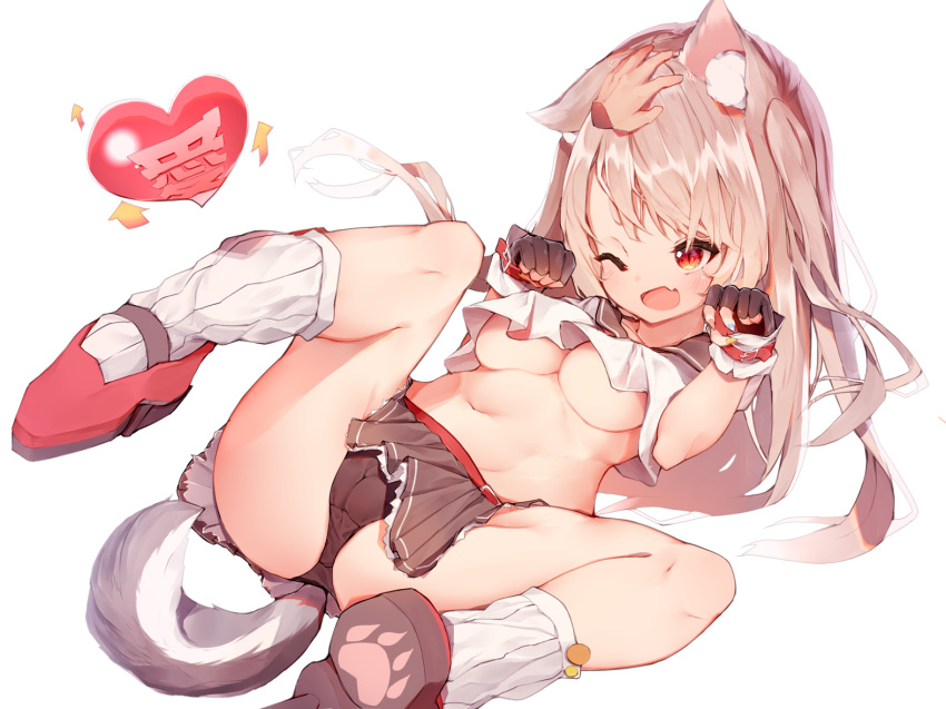 1girl animal_ears azur_lane bangs bare_thighs belt breasts cameltoe claw_pose crop_top crop_top_overhang disembodied_limb hand_on_another's_head heart medium_breasts medium_hair midriff multicolored multicolored_nails one_eye_closed open_mouth panties red_belt red_eyes semimarusemi simple_background skirt smile stomach tail underboob underwear wolf_ears wolf_girl wolf_tail yuudachi_(azur_lane)