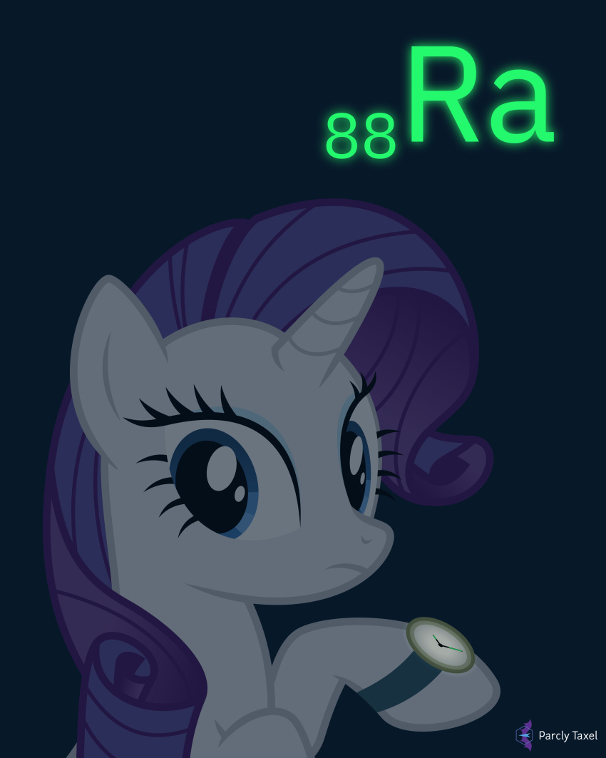 2020 4:5 absurd_res blue_eyes bust_portrait clock english_text equid equine female feral friendship_is_magic frown glowing hasbro hi_res horn looking_at_viewer mammal mane my_little_pony parclytaxel portrait purple_background purple_mane radium_(element) raised_hoof rarity_(mlp) signature simple_background solo text unicorn watch white_body
