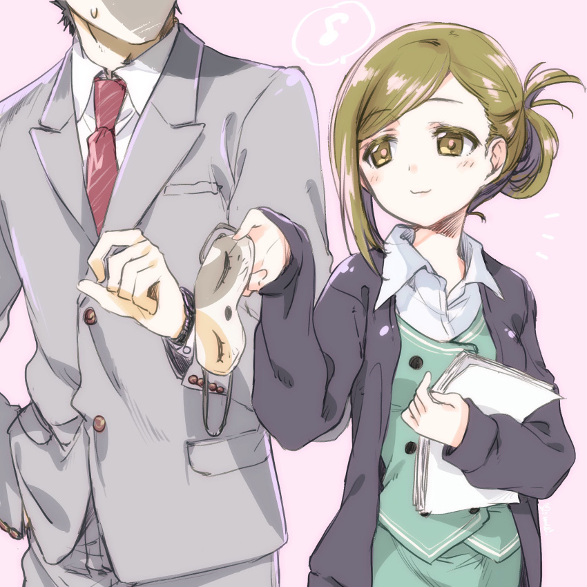 1boy 1girl amai_tsutomu asymmetrical_hair cardigan commentary_request folded_ponytail formal green_eyes green_hair green_vest grey_suit head_out_of_frame highres idolmaster idolmaster_shiny_colors kuroi_mimei nanakusa_hazuki necktie office_lady open_cardigan open_clothes red_neckwear shirt short_hair sleep_mask suit updo vest white_shirt