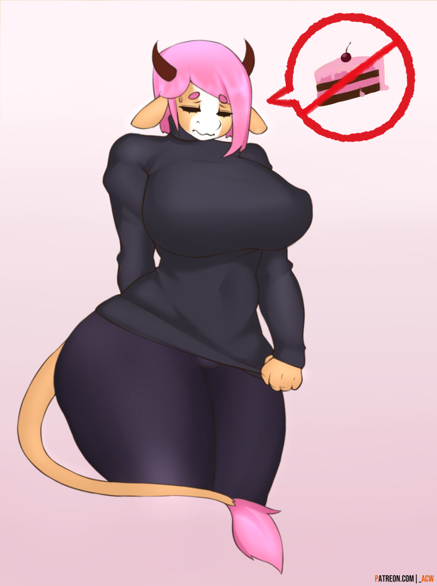 absurd_res acw anthro big_breasts bovid bovine breasts cattle clothing curvy_figure female hair hi_res horn huge_breasts mammal nameless_character pink_hair shy simple_background solo sweater tagme thick_thighs topwear