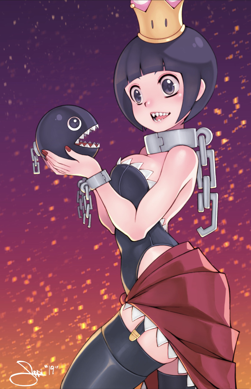1girl bangs bare_shoulders black_eyes black_hair black_legwear black_leotard blunt_bangs bob_cut breasts broken broken_chain chain chain_chomp choker cleavage collar commentary cuffs english_commentary garter_straps highres holding its_just_suppi large_breasts leotard looking_at_another mario_(series) new_super_mario_bros._u_deluxe nintendo princess_chain_chomp red_nails red_skirt shackles sharp_teeth short_hair signature skirt sleeveless strapless super_crown teeth thighhighs