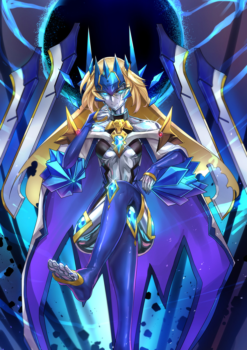 1girl absurdres bare_shoulders blazblue blonde_hair blue_eyes cloak collarbone crossed_legs dark_persona english_commentary forehead_protector glowing glowing_eyes grey_skin half-closed_eyes headgear highres huge_filesize ibenz009 long_hair mecha_musume metal_skin mu-12 nail_polish shiny shiny_skin smile solo toeless_legwear tsurime