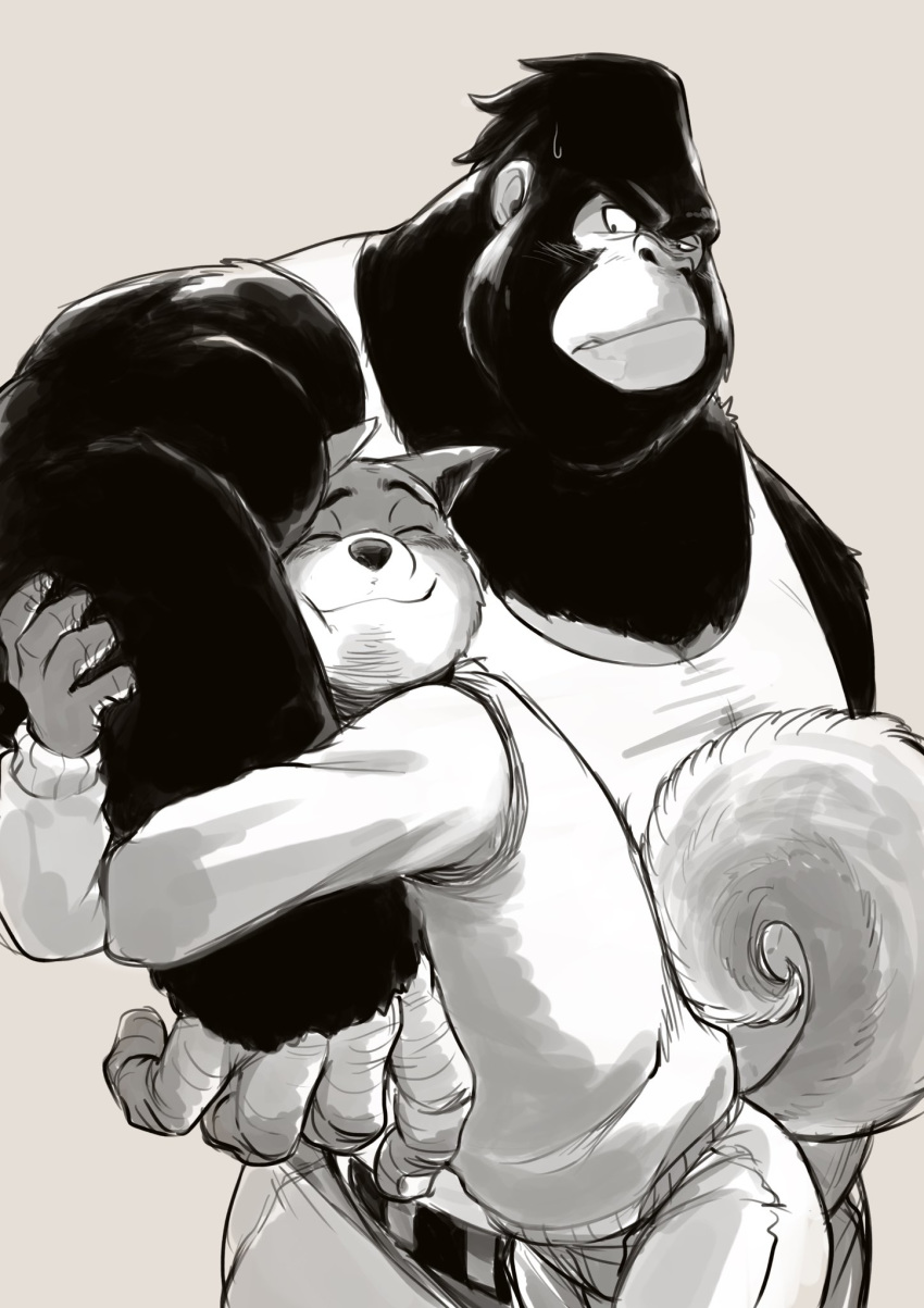 2017 annoyed anthro ape biceps blush bodily_fluids bottomwear canid canine canis clothed clothing digital_media_(artwork) domestic_dog duo embrace eyebrows eyes_closed fingers frown fully_clothed gorilla grey_background greyscale haplorhine hi_res hug larger_anthro larger_male male male/male mammal monochrome muscular muscular_anthro muscular_male othukimi pants primate shirt simple_background size_difference smaller_anthro smaller_male smile standing sweat sweatdrop sweater tank_top topwear