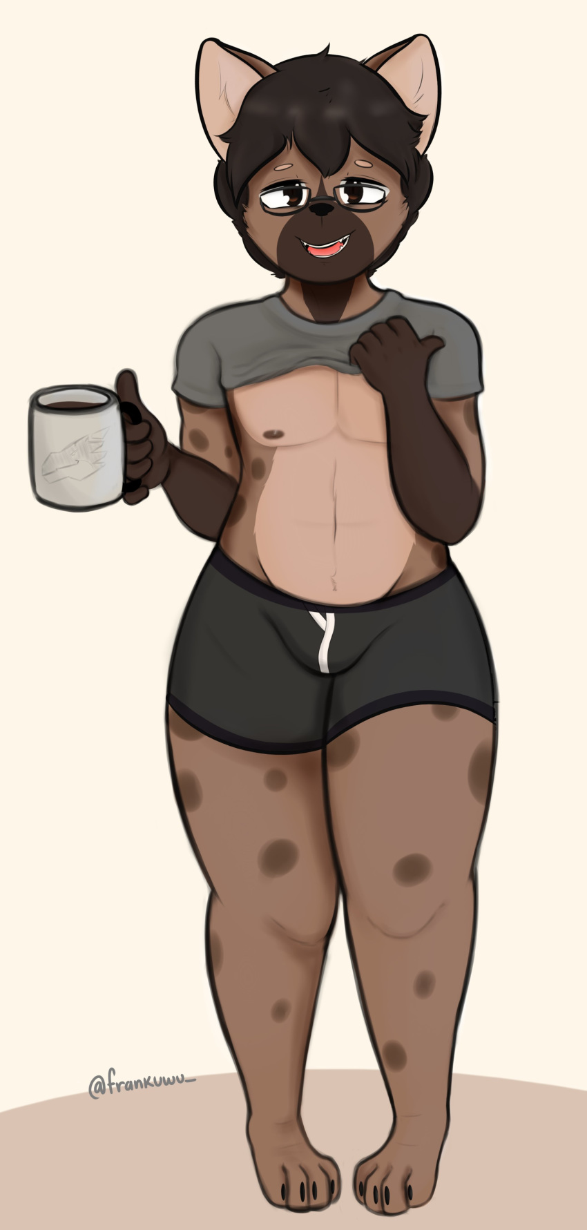 2019 4_toes 5_fingers absurd_res anthro bad_dragon beverage biped boxers_(clothing) brown_body brown_fur bulge clothed clothing coffee eyewear fingers frankuwu front_view fur girly glasses hair hi_res hyaenid male mammal nipples paws simple_background smile solo spotted_hyena standing toes underwear