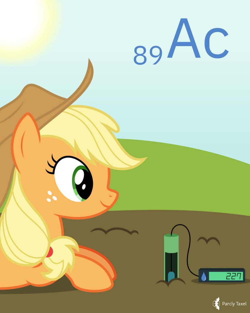 2020 4:5 absurd_res accessory actinium applejack_(mlp) blonde_hair clothing dirt earth_pony english_text equid equine female feral freckles friendship_is_magic green_clothing green_eyes green_hat green_headwear hair hair_accessory hair_tie happy hasbro hat headgear headwear hi_res horse lying mammal my_little_pony neutron_probe on_front orange_body outside parclytaxel pony signature sky smile solo sun text