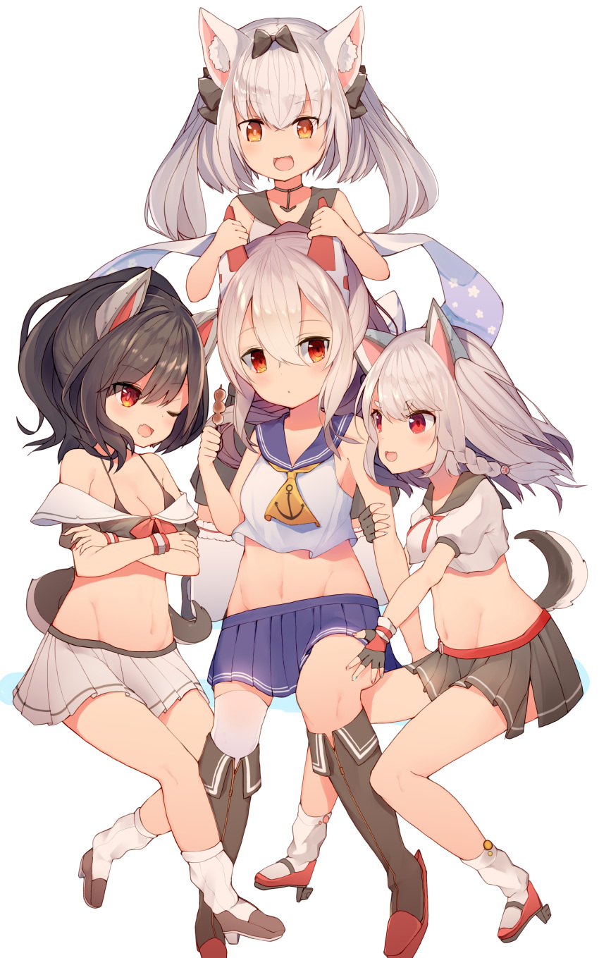 4girls absurdres animal_ears ayanami_(azur_lane) azur_lane bangs bare_shoulders bare_thighs black_hair breasts cleavage closed_mouth crop_top eyebrows eyebrows_visible_through_hair hair_between_eyes highres horns medium_breasts midriff multiple_girls navel one_eye_closed open_mouth red_eyes semimarusemi shigure_(azur_lane) short_hair simple_background skirt smile stomach swept_bangs white_background white_hair yukikaze_(azur_lane) yuudachi_(azur_lane)