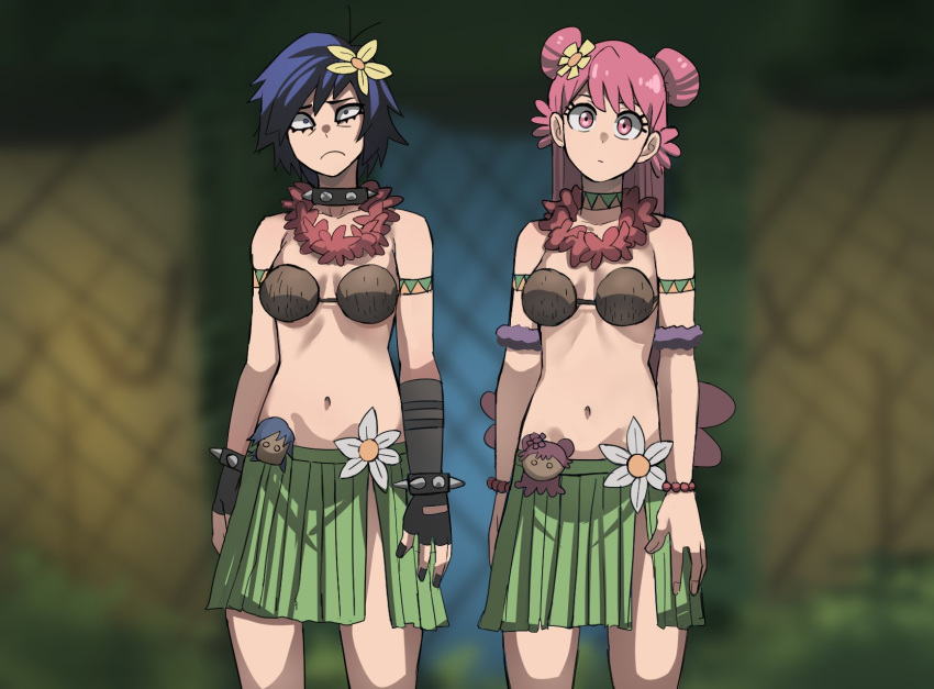 2girls ami_onuki bangs blue_eyes blue_hair coconut_bra derivative_work double_bun english_commentary fingerless_gloves flower gloves grass_skirt hair_flower hair_ornament hi_hi_puffy_amiyumi highres jourd4n long_hair multiple_girls pink_eyes pink_hair screencap_redraw short_hair yumi_yoshimura