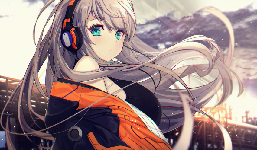1girl :&lt; aqua_eyes bangs bare_shoulders blurry blurry_foreground blush breasts bridge closed_mouth cloud cloudy_sky commentary_request day depth_of_field eyebrows_visible_through_hair floating_hair from_side headphones highres jacket large_breasts long_hair looking_at_viewer looking_to_the_side mixed-language_commentary off_shoulder open_clothes open_jacket original outdoors silver_hair sky swept_bangs two-tone_jacket untue very_long_hair wind