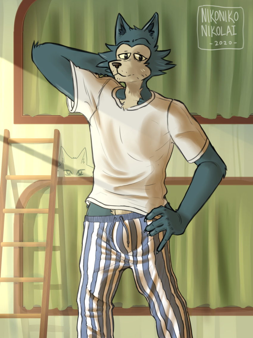 2020 3:4 anthro athletic athletic_anthro athletic_male beastars bedroom bedroom_eyes bedroom_setting bodily_fluids bulge canid canine canis clothed clothing digital_media_(artwork) dripping fur genital_fluids genitals hi_res humanoid_genitalia humanoid_penis legoshi_(beastars) looking_at_viewer male mammal multicolored_body multicolored_fur narrowed_eyes nikonikonikolai pajamas penis precum seductive smile solo tongue tongue_out two_tone_body two_tone_fur wolf