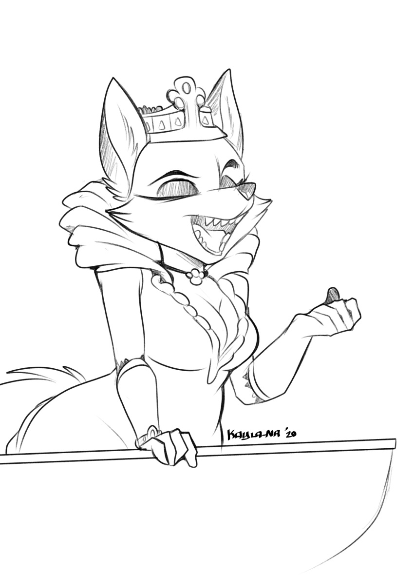 anthro balcony big_breasts bracelet breasts canid canine cleavage clothed clothing conditional_dnp crown dress eyes_closed fangs female fox gloves gloves_(marking) handwear hi_res inner_ear_fluff jewelry kayla-na mammal markings monochrome nakhta queen royalty ruff_(clothing) solo tuft