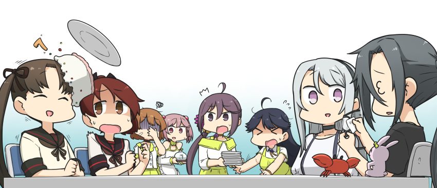 &gt;_&lt; /\/\/\ 6+girls ahoge akebono_(kantai_collection) amagiri_(kantai_collection) animal ayanami_(kantai_collection) bandaid bandaid_on_face black_hair black_hairband black_ribbon brown_eyes brown_hair bunny cake closed_eyes crab eyebrows_visible_through_hair eyewear_removed flying_sweatdrops food glasses gradient gradient_background grey_hair hair_between_eyes hair_bobbles hair_ornament hair_ribbon hairband hamu_koutarou highres holding holding_eyewear kantai_collection long_hair motion_lines multiple_girls oboro_(kantai_collection) open_mouth pet pink_eyes pink_hair plate ponytail purple_eyes remodel_(kantai_collection) ribbon sagiri_(kantai_collection) sazanami_(kantai_collection) shikinami_(kantai_collection) short_hair side_ponytail silver_hair twintails ushio_(kantai_collection)