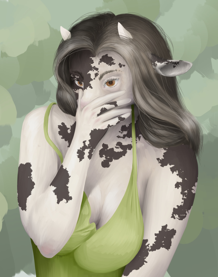 anthro applebug bovid bovine cattle clothed clothing dress female hi_res horn mammal solo spots spotted_body
