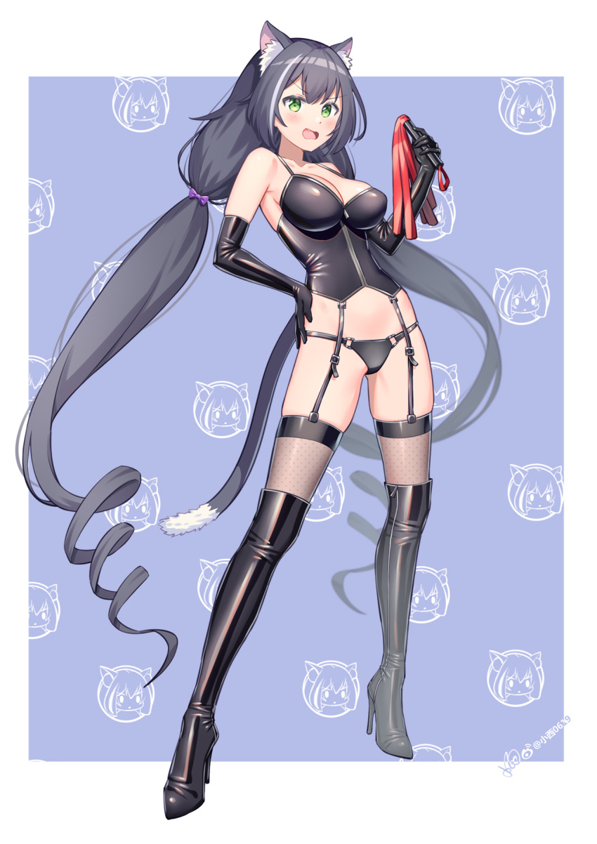 1girl animal_ears black_hair bondage_outfit boots border breasts bustier cat_ears cat_tail collarbone contrapposto dominatrix elbow_gloves fang flogger full_body garter_straps gloves green_eyes hand_on_hip high_heel_boots high_heels highres karyl_(princess_connect!) knee_boots konishi_(565112307) large_breasts long_hair looking_at_viewer princess_connect! princess_connect!_re:dive solo tail very_long_hair white_border