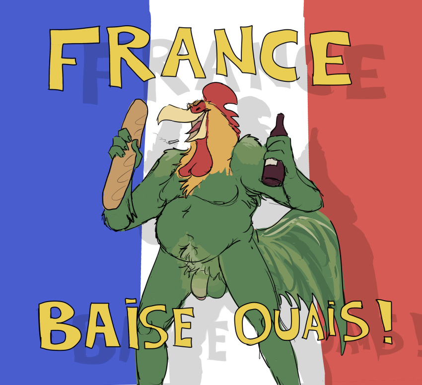 absurd_res alcohol anthro avian baguette balls bastille_day beverage bird bread chicken cigarette flaccid food france french_flag galliform gallus_(genus) genitals grivaire hi_res male musclegut nude overweight penis phasianid slightly_chubby smile text translated uncut wine