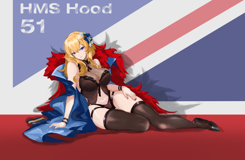 1girl absurdres azur_lane black_footwear black_legwear black_swimsuit blonde_hair blue_eyes blush bow breasts character_name cleavage cloak derivative_work eyebrows_visible_through_hair flower garter_straps hair_bow hair_flower hair_ornament hand_on_hip hand_on_lap high_heels highres hood_(azur_lane) large_breasts long_hair looking_at_viewer manicure navel shoes sitting sitting_on_lap sitting_on_person smile solo swimsuit thighhighs thighs union_jack xiao_cuke