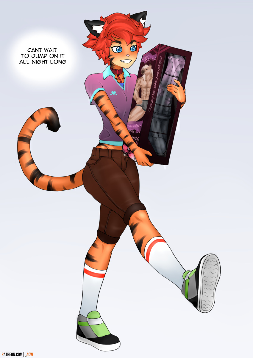 absurd_res acw animate_inanimate anthro blue_eyes bottomwear clothing collar dildo disney felid footwear hair hi_res inner_ear_fluff leash_and_collar living_plushie mammal orange_body orange_hair orange_skin pantherine plushie sex_toy shirt shoes shorts simple_background smile sneakers solo t-shirt tagme tiger tigger topwear tuft winnie_the_pooh_(franchise)