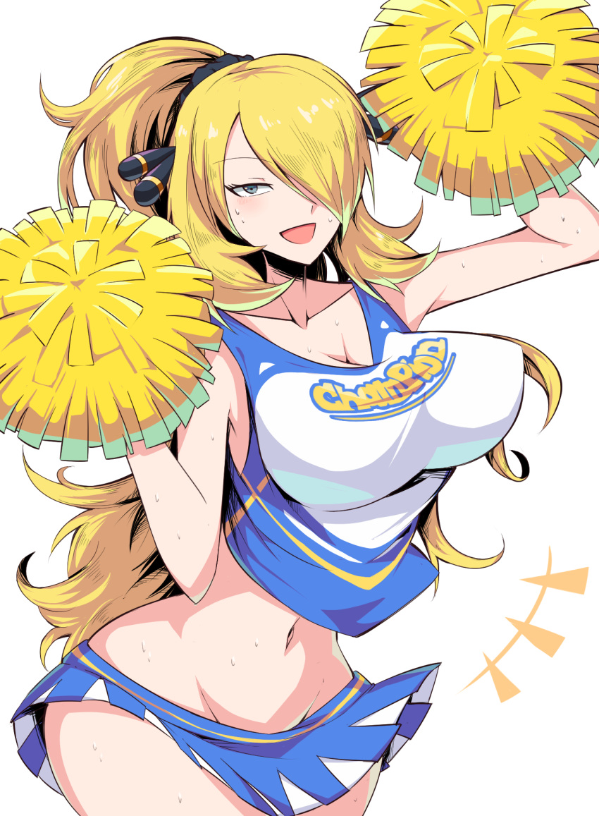 1girl alternate_costume bare_shoulders blonde_hair blue_eyes blush breasts cheerleader cleavage collarbone crop_top eyebrows_visible_through_hair hair_ornament hair_over_one_eye highres large_breasts long_hair looking_at_viewer midriff navel open_mouth pokemon pokemon_(game) pokemon_bw pokemon_bw2 pom_poms shimure_(460) shirona_(pokemon) simple_background skirt sleeveless smile solo very_long_hair white_background