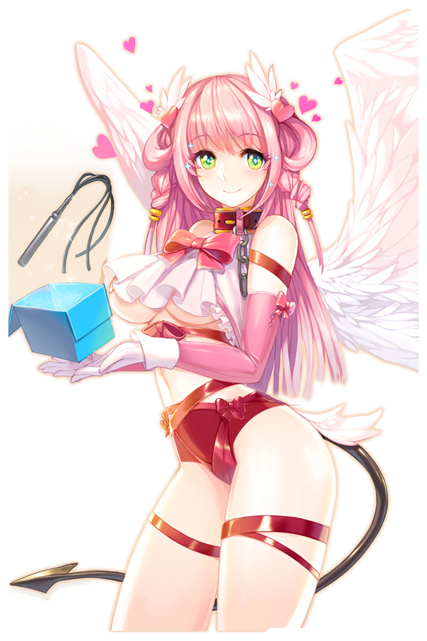 1girl angel_wings blush breasts chain cleavage collar demon_tail elbow_gloves gloves green_eyes hair_ornament hasel_(soccer_spirits) heart highres large_breasts long_hair looking_at_viewer pink_hair smile snowball22 soccer_spirits solo tail underboob whip white_gloves white_wings wings