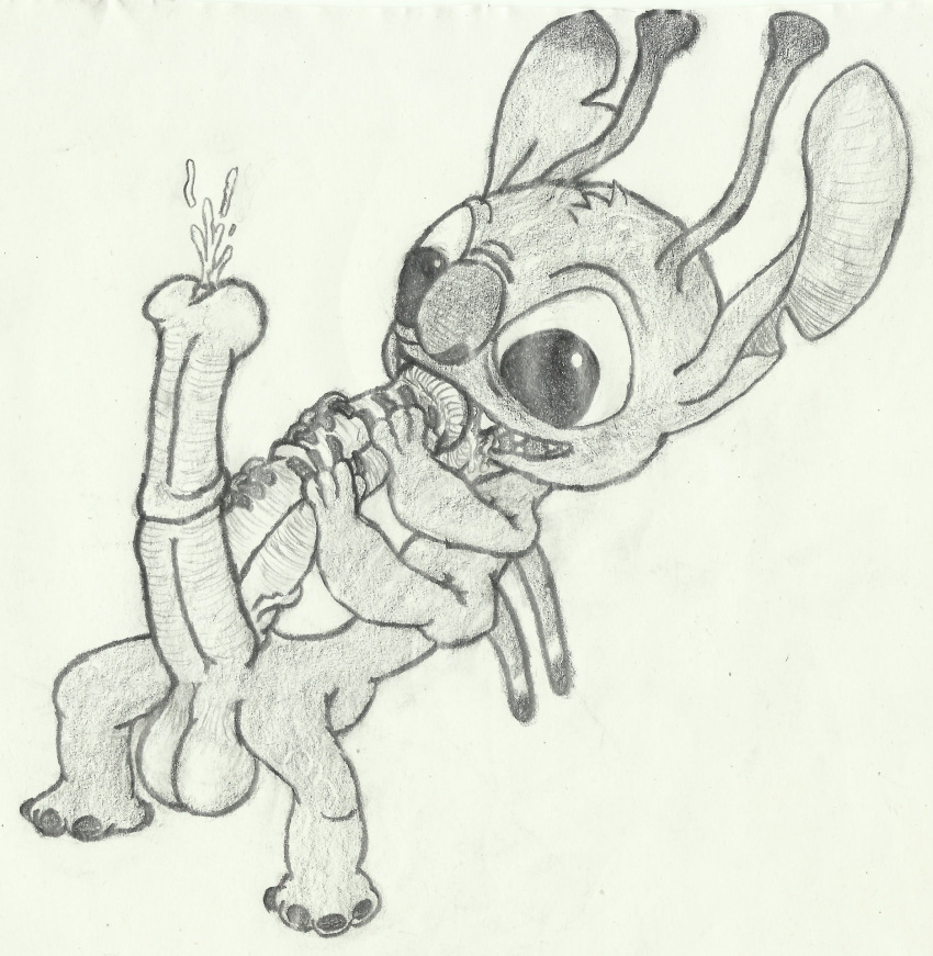 alien animal_genitalia animal_penis autofellatio balls bodily_fluids cum cumshot cumshot_in_mouth disney ejaculation equine_penis experiment_(lilo_and_stitch) genital_fluids genitals hi_res lilo_and_stitch long_ears male masturbation multi_arm multi_genitalia multi_limb multi_penis oral oral_masturbation penile penile_masturbation penis santo_fabbro solo stitch_(lilo_and_stitch) traditional_media_(artwork)