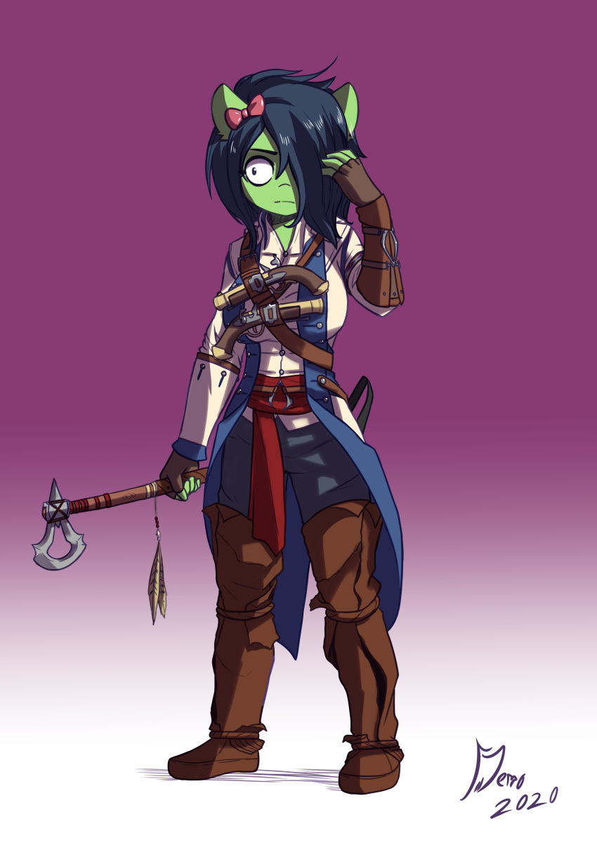 absurd_res anonymous_artist anthro assassin's_creed axe black_hair clothed clothing connor_kenway earth_pony emerald_blade_(oc) equid equine fan_character female green_body green_eyes green_skin hair hand_on_hair hi_res horse mammal melee_weapon my_little_pony pistols pony ribbons simple_background solo ubisoft video_games weapon