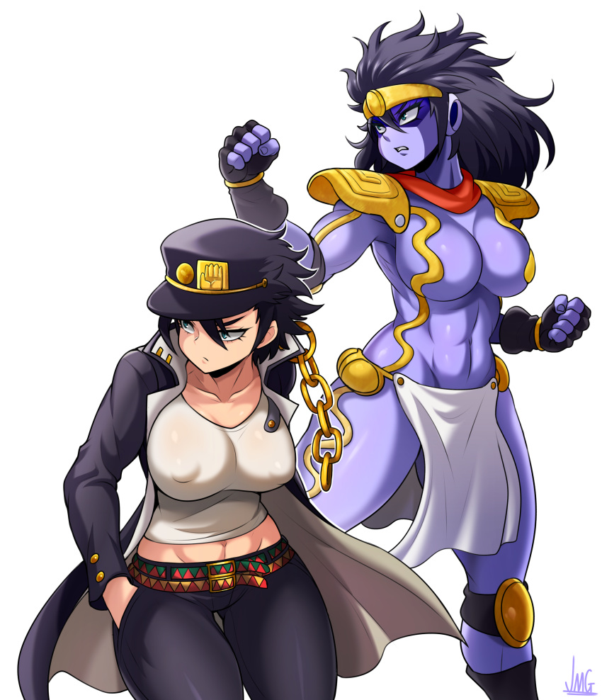 2girls absurdres banchou belt black_gloves black_hair blue_eyes breasts cleavage clenched_hands collarbone covered_nipples fingerless_gloves genderswap genderswap_(mtf) gloves green_eyes hands_in_pockets hat highres impossible_clothes jacket jmg jojo_no_kimyou_na_bouken knee_pads kuujou_joutarou large_breasts long_coat long_hair midriff multiple_belts multiple_girls navel open_clothes open_jacket peaked_cap pelvic_curtain popped_collar purple_skin short_hair shoulder_armor stand_(jojo) star_platinum stardust_crusaders tank_top thick_thighs thigh_gap thighs toned