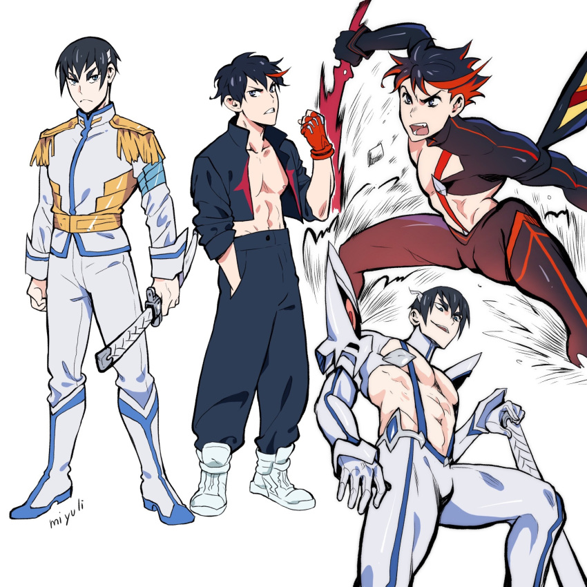 2boys black_hair boots cropped_jacket epaulettes gakuran genderswap genderswap_(ftm) hand_in_pocket highres junketsu kill_la_kill kiryuuin_satsuki male_focus matoi_ryuuko miyuli multicolored_hair multiple_boys school_uniform scissor_blade senketsu shoes signature sneakers streaked_hair sword weapon white_footwear