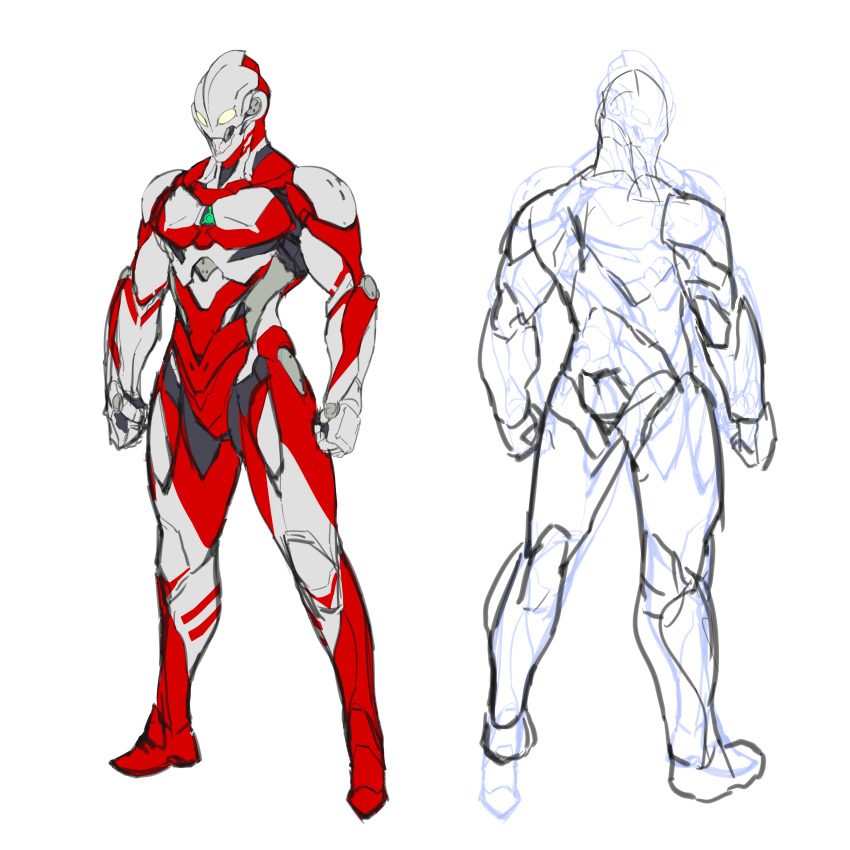 1boy absurdres alternate_universe armor clenched_hands commentary_request full_body gloves highres makkubee power_armor red_armor science_fiction simple_background sketch standing tokusatsu ultra_series ultraman:_towards_the_future ultraman_(hero's_comics) ultraman_great ultraman_suit_(hero's_comics) white_armor white_background white_gloves yellow_eyes