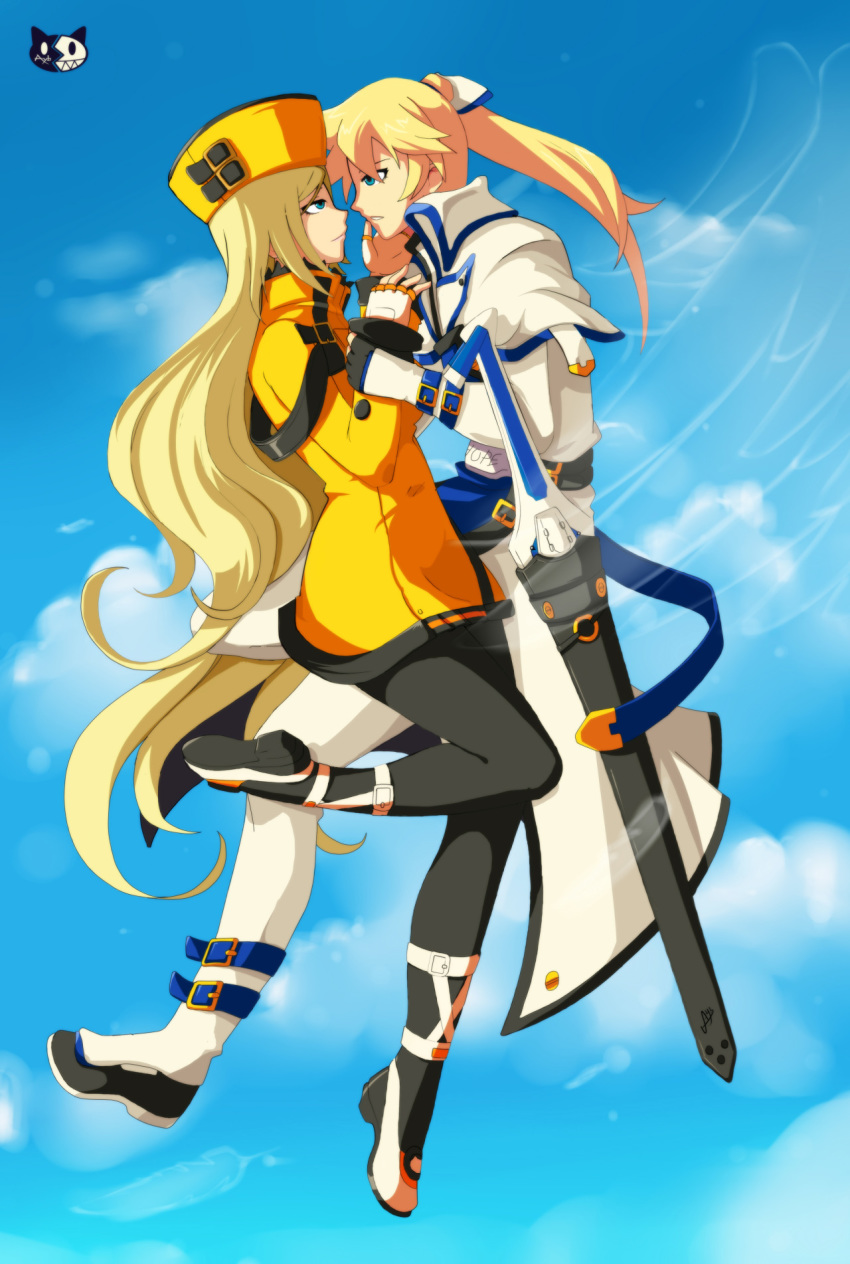 1boy 1girl ayb-art blonde_hair blue_eyes guilty_gear hand_on_another's_face highres ky_kiske millia_rage sword weapon