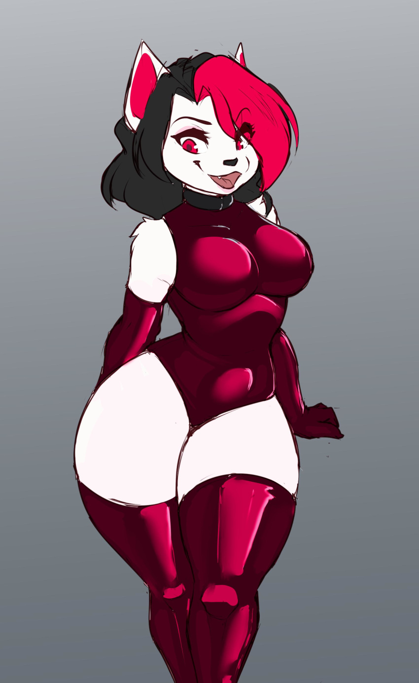 2019 absurd_res anthro bangs black_hair black_nose breasts clothing collar collarbone curvy_figure cute_fangs domestic_cat faizenek felid feline felis female fur glistening glistening_clothing glistening_gloves glistening_legwear gloves hair hair_over_eyes handwear happy hi_res highlights_(coloring) hourglass_figure legwear looking_down mammal medium_breasts monotone_body monotone_fur open_mouth open_smile portrait red_clothing red_eyes red_gloves red_highlights red_legwear rubber rubber_suit simple_background small_waist smile solo standing straight_hair thick_thighs thigh_highs three-quarter_portrait tight_clothing white_body white_fur wide_hips