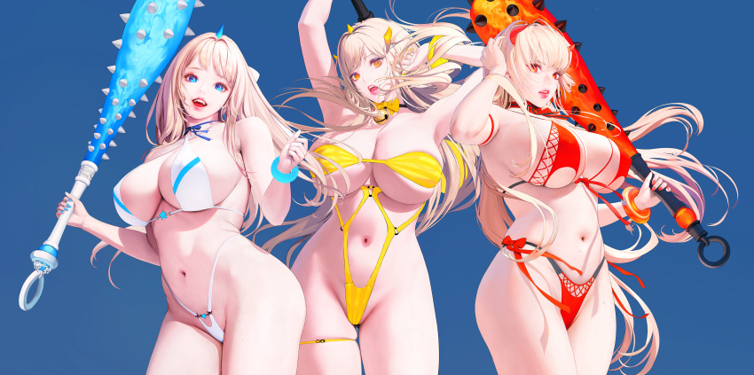 3girls absurdres armpits arms_up ass_visible_through_thighs bell bell_choker bikini blonde_hair blue_background blue_eyes bracelet breasts choker club contrapposto cowboy_shot criss-cross_halter eyeliner fangs front-tie_bikini front-tie_top halterneck highleg highleg_bikini highres horns huge_breasts jewelry jingle_bell lips long_hair makeup mole mole_on_thigh mole_under_mouth multiple_girls nail_polish navel nightmadness nikke_the_goddess_of_victory o-ring o-ring_swimsuit one-piece_swimsuit open_mouth orange_eyes parted_lips red_bikini red_eyes ribbon_choker side-tie_bikini sidelocks simple_background single_horn skindentation spiked_club swimsuit thighs weapon white_bikini yellow_swimsuit