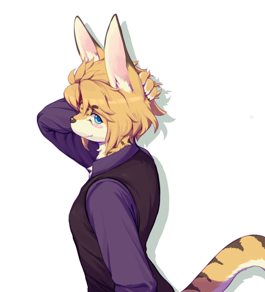 absurd_res ambiguous_gender anthro black_nose blonde_hair blue_eyes blush clothed clothing countershading felid fluffy fluffy_hair fully_clothed fur hair half-length_portrait hand_behind_head hand_on_head hi_res inner_ear_fluff jaguar kemono looking_at_viewer mammal multicolored_body multicolored_fur multicolored_tail pantherine portrait purple_clothing purple_shirt purple_topwear shirt short_hair side_view simple_background solo spots standing topwear tuft vest white_background white_body white_countershading white_fur whooo-ya yellow_body yellow_fur