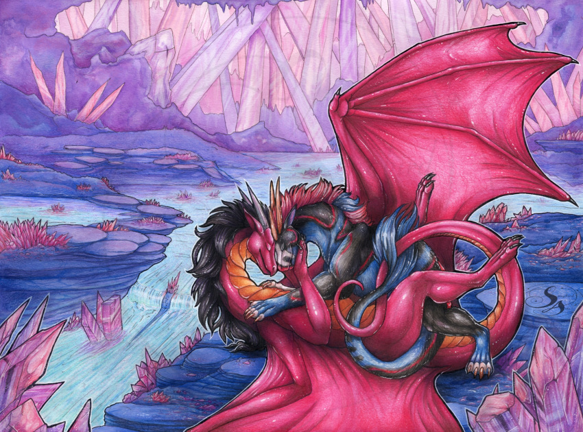 2020 claws day detailed_background dragon duo feral hi_res horn membrane_(anatomy) membranous_wings natoli orange_body orange_scales outside red_body red_skin river scales scalie traditional_media_(artwork) water western_dragon wingless_dragon wings