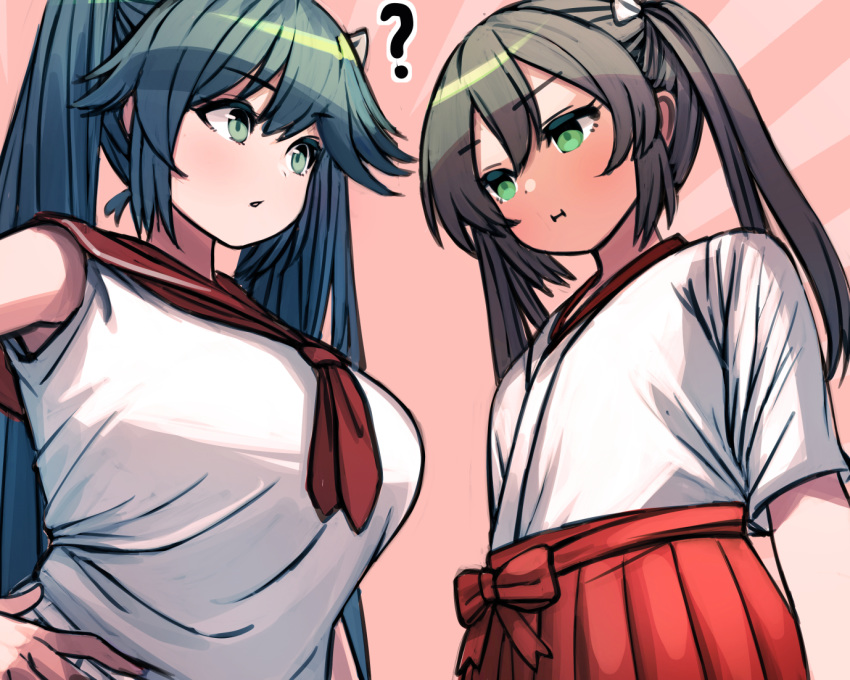 2girls :i ? bangs blue_hair blush breast_envy breasts closed_mouth eyebrows_visible_through_hair flat_chest green_hair hair_ribbon hakama hakama_skirt hand_on_hip huge_breasts isuzu_(kantai_collection) japanese_clothes kantai_collection long_hair multiple_girls neckerchief pink_background red_hakama red_neckwear ribbon sailor_collar school_uniform serafuku sidelocks simple_background sleeveless takahashi_meishin twintails upper_body zuikaku_(kantai_collection)