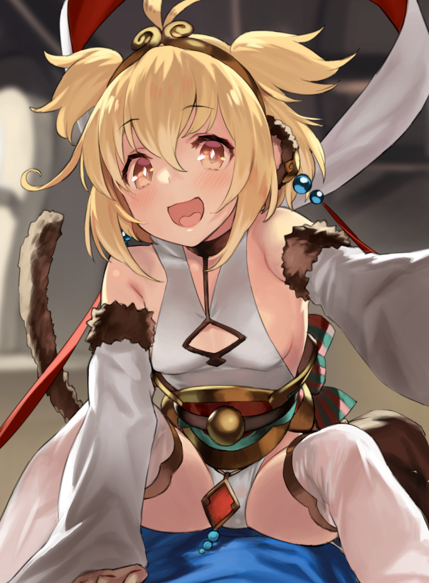 1girl 92m andira_(granblue_fantasy) animal_ears antenna_hair bangs bare_shoulders blonde_hair blush breasts brown_eyes detached_leggings detached_sleeves erune granblue_fantasy hagoromo hair_between_eyes highres long_sleeves looking_at_viewer monkey_ears monkey_girl monkey_tail open_mouth outstretched_arm red_ribbon ribbon shawl short_hair sitting small_breasts smile tail two_side_up white_legwear wide_sleeves