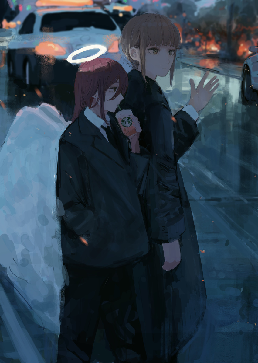 1boy 1girl absurdres angel_devil_(chainsaw_man) as4kla bangs blunt_bangs chainsaw_man coat halo highres light_brown_hair long_sleeves makima_(chainsaw_man) necktie outdoors red_hair road sidelocks sipping street