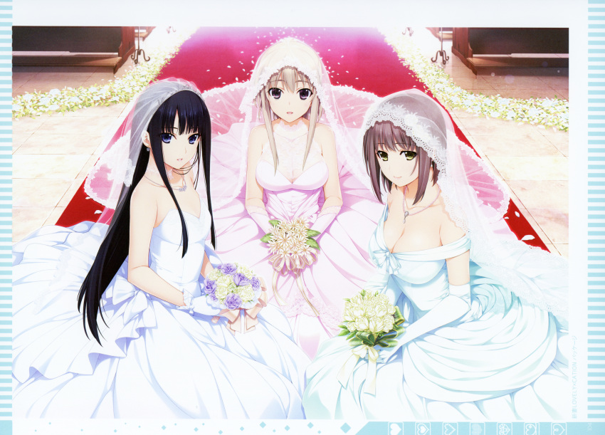 3girls black_hair blue_dress blue_eyes blue_wedding_dress bouquet breasts bridal_veil brown_eyes brown_hair cleavage collarbone dress earrings elbow_gloves flower gloves green_eyes highres holding holding_bouquet iizuki_tasuku isurugi_yuki jewelry kneeling kurihara_aiko large_breasts light_brown_hair long_hair looking_at_viewer medium_breasts multiple_girls naruse_nono necklace niizuma_lovely_x_cation outdoors pink_dress pink_gloves pink_wedding_dress short_hair short_hair_with_long_locks sidelocks sleeveless sleeveless_dress strapless strapless_dress veil very_long_hair wedding_dress white_dress white_gloves