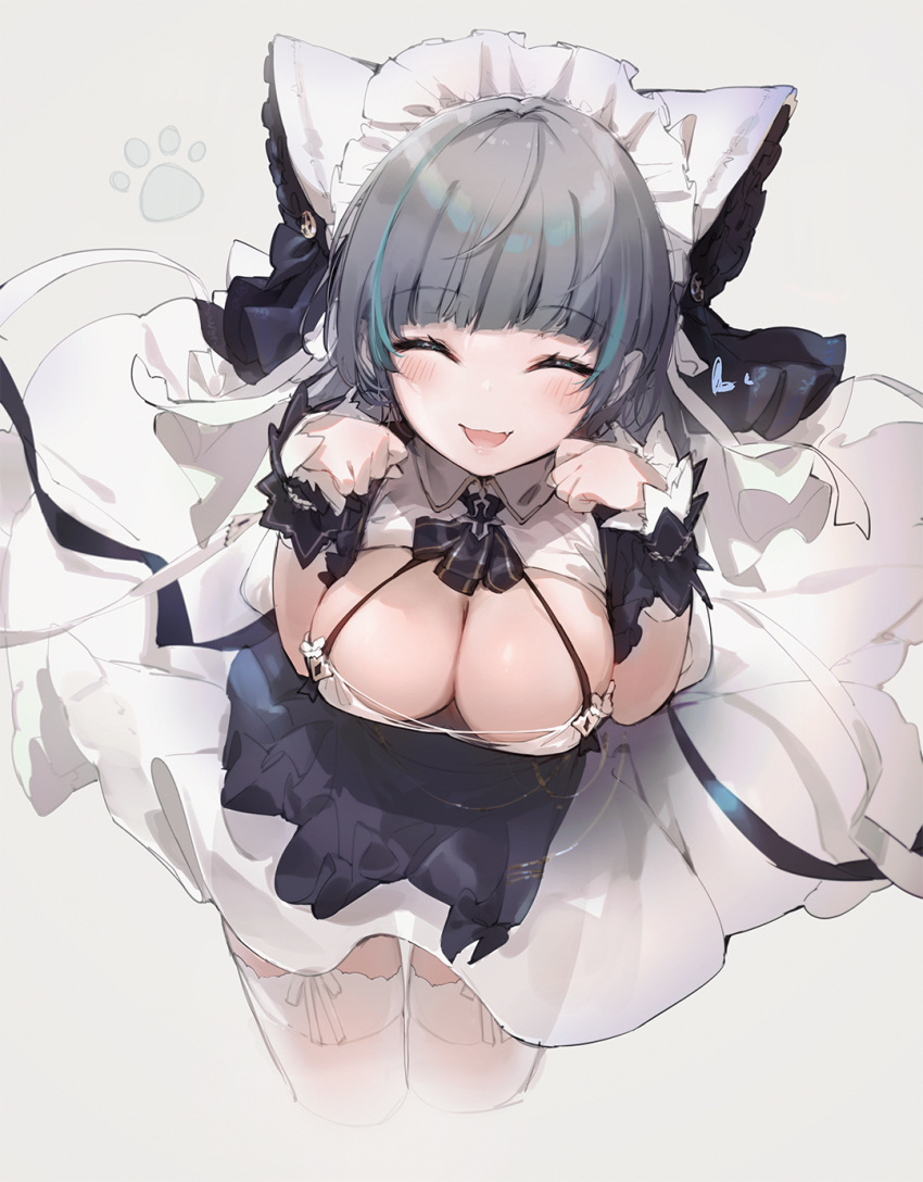 1girl :d animal_ears azur_lane bent_over bow bowtie breasts cat_ears cheshire_(azur_lane) cleavage closed_eyes cropped_legs dress facing_viewer fake_animal_ears fang hands_up highres large_breasts maid maid_headdress open_mouth paw_pose smile solo standing thighhighs white_dress white_legwear wing_collar wrist_cuffs yatsuha_(hachiyoh)