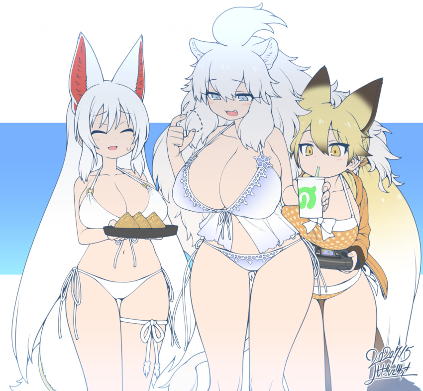 3girls alternate_breast_size animal_ears babydoll bare_arms bare_legs bare_shoulders big_hair bikini bikini_under_clothes blonde_hair blue_eyes bow bow_bikini bow_swimsuit breasts brown_hair cleavage closed_eyes collarbone cup dated drinking drinking_straw drinking_straw_in_mouth extra_ears eyebrows_visible_through_hair ezo_red_fox_(kemono_friends) fang food fox_ears fox_girl fox_tail front-tie_top furrowed_eyebrows hair_between_eyes halterneck handheld_game_console highres holding holding_cup holding_handheld_game_console holding_tray hood hood_down hoodie huge_breasts japari_symbol kemono_friends leaning_forward lion_ears lion_girl long_hair long_sleeves looking_at_viewer looking_down multicolored_hair multiple_girls navel oinari-sama_(kemono_friends) open_clothes open_hoodie open_mouth orange_eyes playing_games sega sega_game_gear side-by-side side-tie_bikini side-tie_bottom sidelocks signature skindentation smile standing stomach strap_gap swimsuit tail thigh_gap tray unaligned_breasts very_long_hair white_bikini white_hair white_lion_(kemono_friends) white_swimsuit yoshida_hideyuki