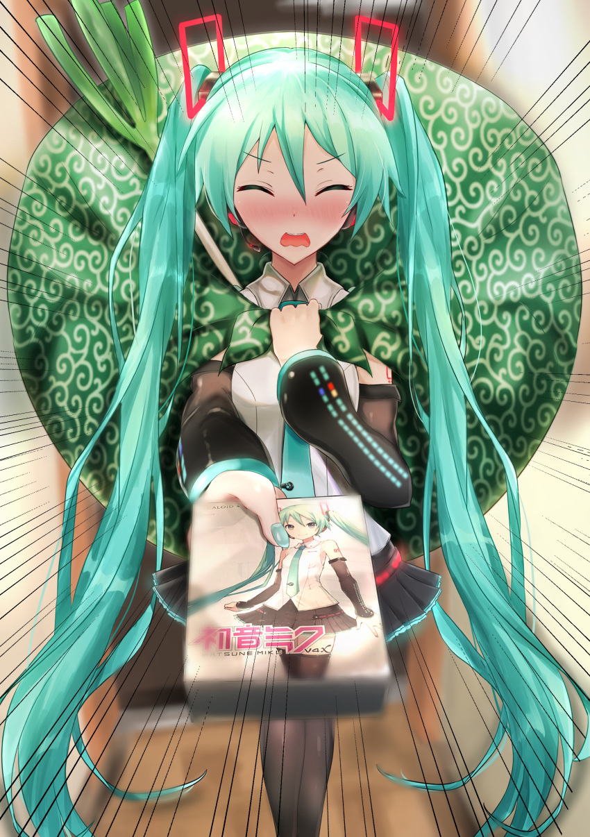 1girl absurdres aqua_eyes aqua_hair aqua_nails aqua_neckwear bag bare_shoulders black_legwear black_skirt black_sleeves blurry blurry_background blush box closed_eyes commentary cowboy_shot detached_sleeves doorway emphasis_lines facing_viewer furoshiki giving hair_ornament hatsune_miku hatsune_miku_(vocaloid4) headphones headset highres holding holding_bag holding_box itogari karakusa_(pattern) long_hair miniskirt nail_polish necktie open_mouth pleated_skirt pov shirt shoulder_tattoo skirt sleeveless sleeveless_shirt smile spring_onion standing tattoo thighhighs twintails v-shaped_eyebrows v4x very_long_hair vocaloid vocaloid_boxart_pose white_shirt