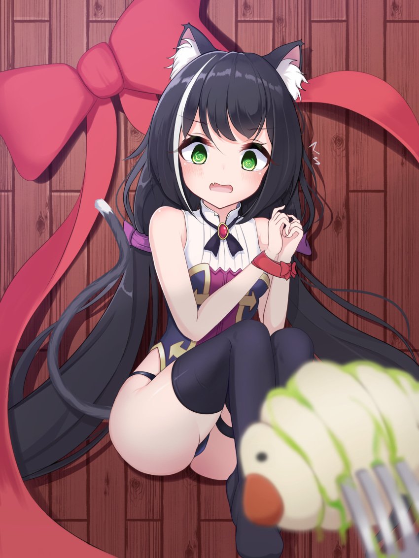 1girl @_@ absurdres animal_ear_fluff animal_ears ass bangs bare_shoulders black_hair black_panties blurry_foreground blush bound bow breasts bug cat_ears cat_girl cat_tail commentary_request dress eyebrows_visible_through_hair fang fork from_above gem green_eyes highres insect karyl_(princess_connect!) large_bow long_hair looking_at_viewer low_twintails multicolored_hair no_shoes open_mouth panties princess_connect! princess_connect!_re:dive red_bow sleeveless sleeveless_dress small_hands solo streaked_hair tail tearing_up thighhighs twintails underwear very_long_hair white_hair wooden_floor zangi_(lkt2012)