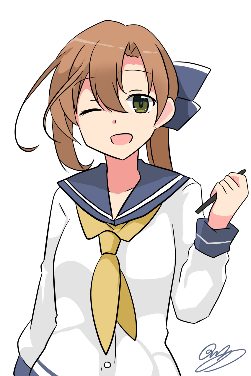 1girl absurdres akigumo_(kantai_collection) bangs blue_ribbon blue_sailor_collar brown_hair commentary_request cosplay eyebrows_visible_through_hair green_eyes hair_between_eyes hair_ribbon highres holding holding_pen kantai_collection long_hair long_sleeves looking_at_viewer noruren one_eye_closed open_mouth pen ponytail ribbon sailor_collar school_uniform serafuku shirt signature simple_background sleeve_cuffs smile solo white_background white_shirt yellow_neckwear yukikaze_(kantai_collection) yukikaze_(kantai_collection)_(cosplay)