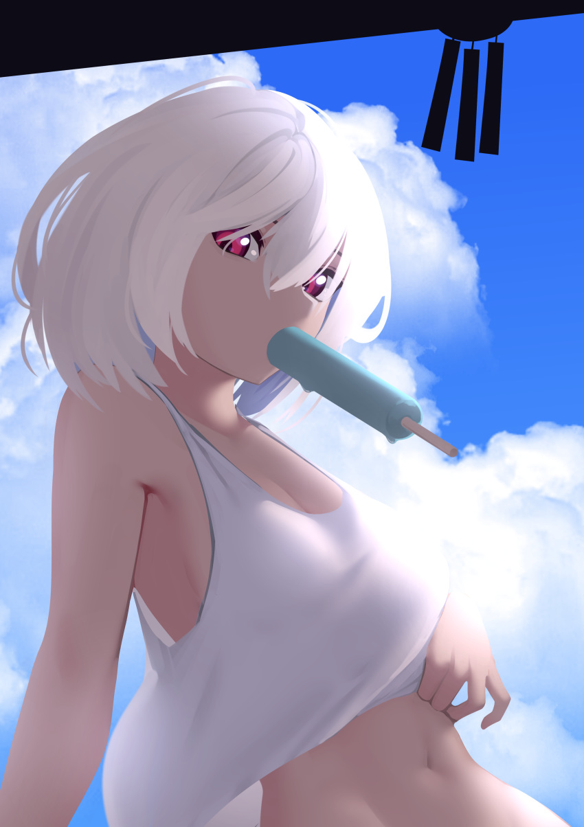 1girl absurdres albino bangs bare_arms bare_shoulders breasts camisole cleavage cloud cloudy_sky commentary_request day ett01024 food hair_between_eyes highres looking_at_viewer medium_breasts mouth_hold navel original outdoors popsicle red_eyes short_hair sky sleeveless solo stomach sunlight upper_body white_hair