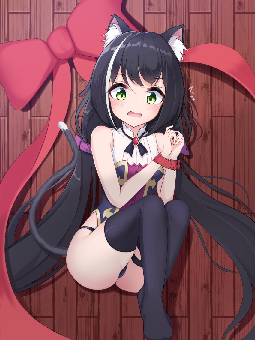 1girl absurdres animal_ear_fluff animal_ears ass bangs bare_shoulders black_hair black_legwear black_panties blush bound bow breasts cat_ears cat_girl cat_tail commentary_request dress eyebrows_visible_through_hair fang from_above gem green_eyes highres karyl_(princess_connect!) large_bow long_hair looking_at_viewer low_twintails multicolored_hair no_shoes open_mouth panties princess_connect! princess_connect!_re:dive red_bow sleeveless sleeveless_dress small_hands solo streaked_hair tail tearing_up thighhighs twintails underwear very_long_hair white_hair wooden_floor zangi_(lkt2012)