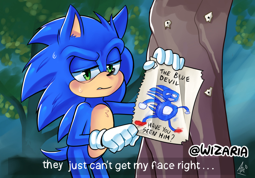 2020 anthro bodily_fluids clothing dialogue disney english_text eulipotyphlan fur gloves green_eyes half-closed_eyes handwear hedgehog hi_res looking_at_viewer male mammal narrowed_eyes sanic sega signature solo sonic_the_hedgehog sonic_the_hedgehog_(series) sweat tangled_(disney) text tree video_games wizaria