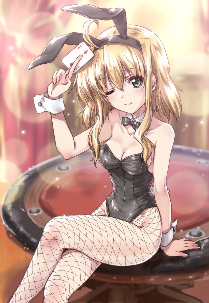 1girl ahoge animal_ears arisa_bannings black_leotard black_neckwear blurry blurry_background bow bowtie breasts brown_hair bunny_ears bunny_girl bunny_tail bunnysuit casino_card_table cleavage commentary_request crossed_legs detached_collar fake_animal_ears fishnet_legwear fishnets green_eyes highres kuroi_mimei leotard looking_at_viewer lyrical_nanoha mahou_shoujo_lyrical_nanoha medium_breasts medium_hair older one_eye_closed pantyhose sidelocks sitting sitting_on_table solo strapless strapless_leotard tail wrist_cuffs