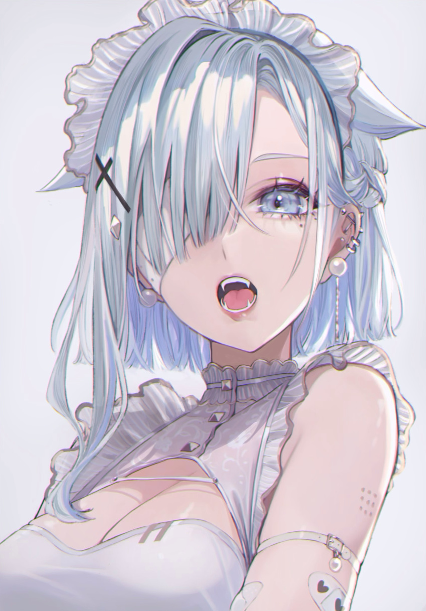 1girl :o absurdres arm_strap bare_shoulders blue_eyes blue_hair braid breasts cleavage cleavage_cutout cross_hair_ornament ear_piercing fang grey_background hair_ornament hair_over_one_eye highres looking_at_viewer magako maid_headdress mole mole_under_eye open_mouth original piercing short_hair silver_hair simple_background sleeveless solo upper_body