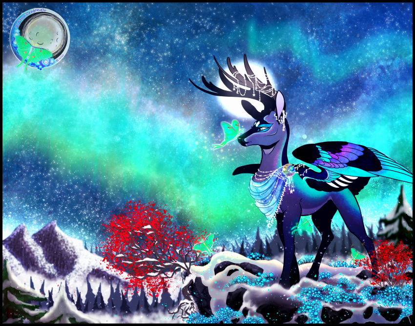 absurd_res antlers aurora_borealis cervid character_(lhunafaye) detailed_background digital_media_(artwork) feathered_wings feathers female feral hi_res horn jewelry mammal night night_sky o0aquadragon0o original_characters shawl sky solo star starry_sky wings