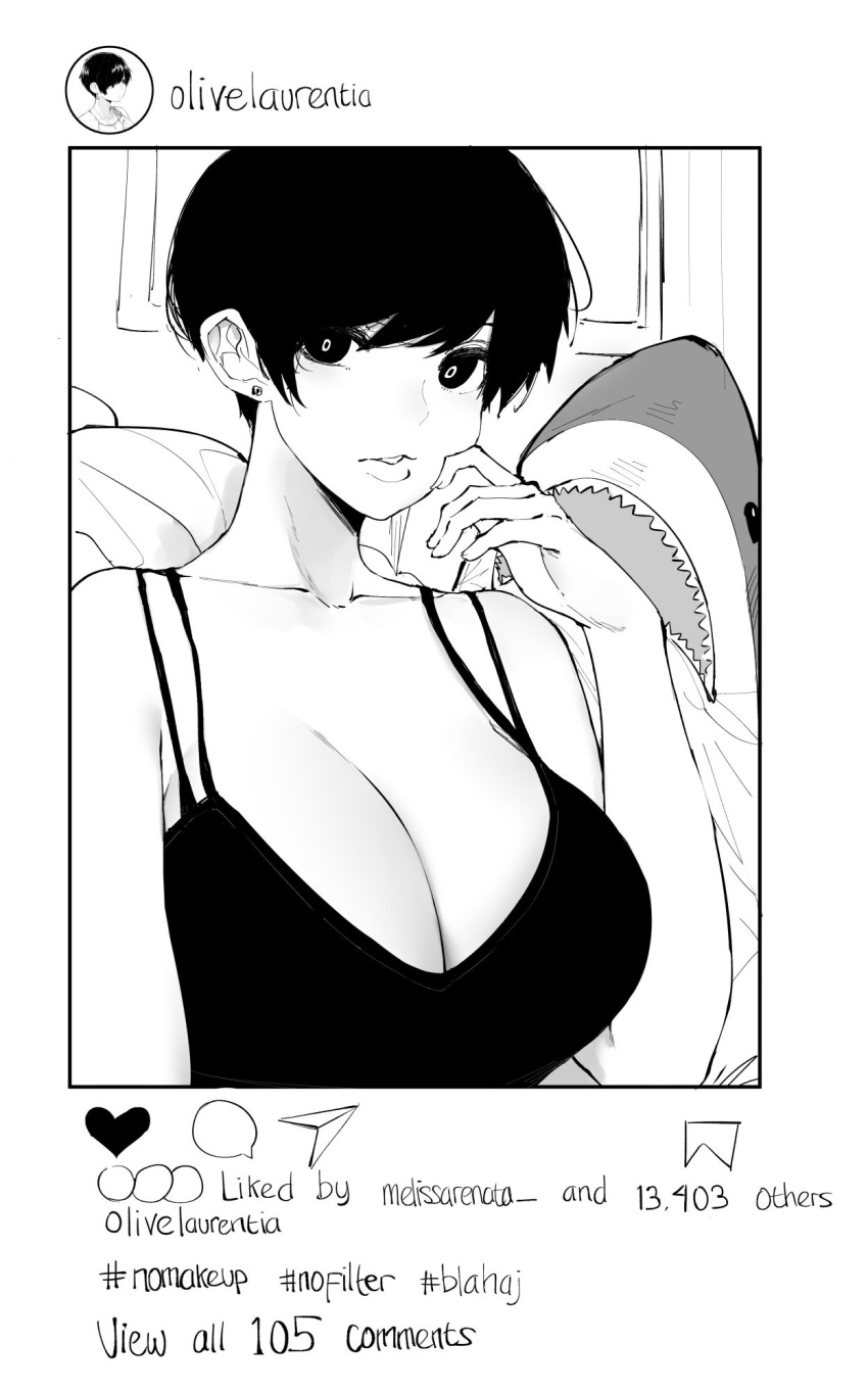 1girl bangs bare_shoulders black_tank_top bra_strap breasts cleavage collarbone earrings greyscale hand_on_own_cheek highres instagram jewelry large_breasts looking_at_viewer monochrome norman_maggot olive_laurentia original parted_lips pixie_cut shark short_hair stuffed_animal stuffed_toy tank_top