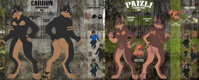 absurd_res anthro canid canine canis carbon couple_(disambiguation) dobe dobermann dobie domestic_dog duo english_text female group hi_res love male male/female mammal model_sheet paizli pinscher text thehuntingwolf