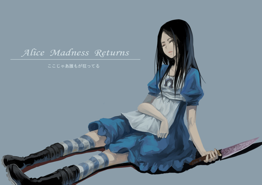 1girl alice:_madness_returns alice_(wonderland) alice_in_wonderland american_mcgee's_alice apron black_footwear black_hair blue_background blue_dress boots closed_eyes copyright_name dress english_commentary holding holding_knife jewelry knife long_hair necklace neeta omega_symbol simple_background sitting sleeping solo striped striped_legwear